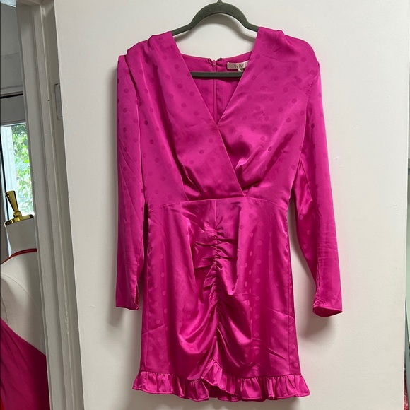 Wayf Barbie Hot Pink Fuchsia Satin Long Sleeve Polka Dot Mini Party Dress Small - Picture 1 of 12